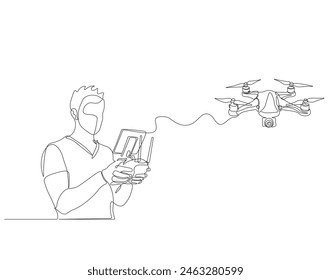 Continuous one line drawing of man with remote control and flying drone. One line drawing illustration of man flying drone aircraft. Controlling modern gadget flying concept continuous line. Editable 