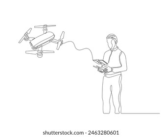 Continuous one line drawing of man with remote control and flying drone. One line drawing illustration of man flying drone aircraft. Controlling modern gadget flying concept continuous line. Editable 