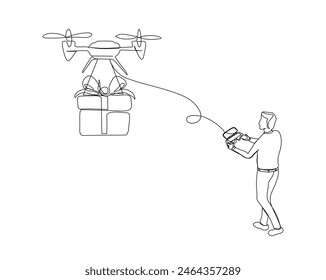 Continuous one line drawing of man flying delivery drone. Man delivery gift box using drone single outline vector design. Editable stroke.