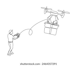 Dibujo continuo de una línea del hombre volando el dron de la entrega. Caja de regalo de entrega del hombre usando el diseño del Vector del contorno único del dron. Trazo editable.