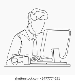Continuous One Line Drawing of man with Laptop. Man Professional Working One Line Illustration.  Worker Symbol for Modern Design.