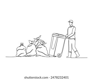 Dibujo continuo de una línea del hombre sosteniendo el contenedor de basura. Joven sostiene cubo de basura en Ilustración vectorial de un solo contorno. Trazo editable.