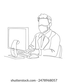 Dibujo continuo de una línea del hombre con el ordenador portátil. Símbolo de trabajo para el diseño moderno.