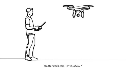 Continuous one line drawing of man operating drone remote control. Man flying drone aircraft single outline vector design. Editable stroke.