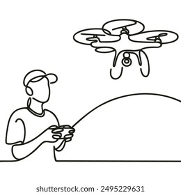 Continuous one line drawing of man operating drone remote control. Man flying drone aircraft single outline vector design. Editable stroke.