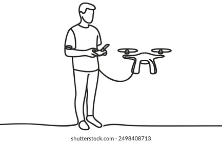 Continuous one line drawing of man with remote control and flying drone. One line drawing illustration of man flying drone aircraft. Controlling modern gadget flying concept continuous line. Editable