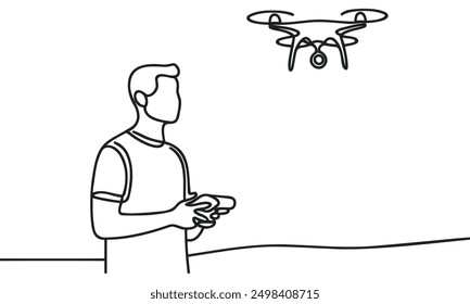 Continuous one line drawing of man with remote control and flying drone. One line drawing illustration of man flying drone aircraft. Controlling modern gadget flying concept continuous line. Editable