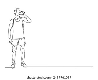 Continuous one line drawing of man drinking water from the bottle. Drinking water simple line illustration. Healthy lifestyle concept.