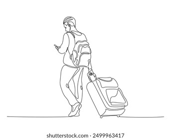 Continuous one line drawing of man holding smartphone and suitecase. Travel and holiday concept.