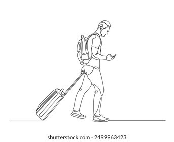 Continuous one line drawing of man holding smartphone and suitecase. Travel and holiday concept.