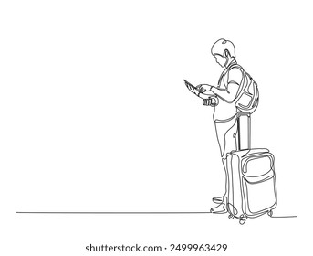 Continuous one line drawing of man holding smartphone and suitecase. Travel and holiday concept.