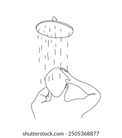 Continuous one line drawing  Man taking morning shower in bathroom. character washing herself. Idea of beauty and hygiene. Isolated vector illustration.