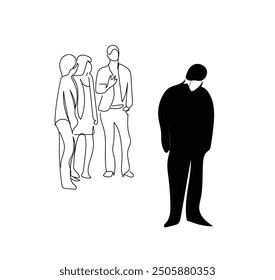 Continuous one line drawing a man feeling sad after being left out in the company. Loneliness concept. Unhappy person left alone. Character suffering from solitude. 