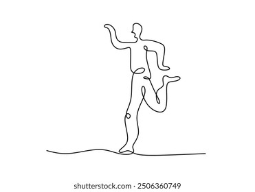 Continuous one line drawing of a man dancing. Breakdancing design in minimalist style isolated on white background.