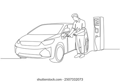 Continuous one line drawing of man charging electric car at public charging station, environmentally friendly lifestyle with electric vehicle concept, single line art.