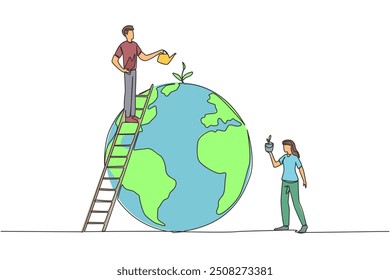 Continuous one line drawing man and woman work together to green the earth. Plant as many trees as can. Makes the air cleaner. Ecology concept. Environment. Single line draw design vector illustration