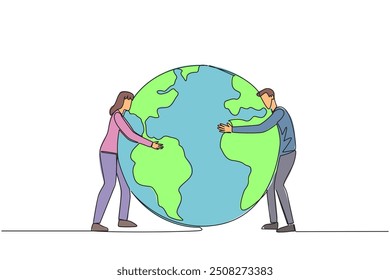 Continuous one line drawing man and woman standing hugging earth. Keeping earth always naturally green. The best inheritance for children and grandchildren. Single line draw design vector illustration