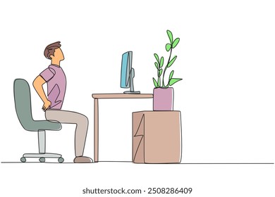 Continuous one line drawing man sitting in a work chair with hands holding his waist. Stretch body and mind. Work overtime on weekends. Relax for a moment. Single line draw design vector illustration