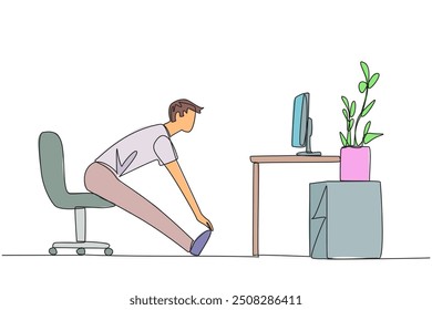 Continuous one line drawing man sitting in work chair with legs straightened. Work overtime on weekends. Eyes focus on the screen. Thinking about a project. Single line draw design vector illustration