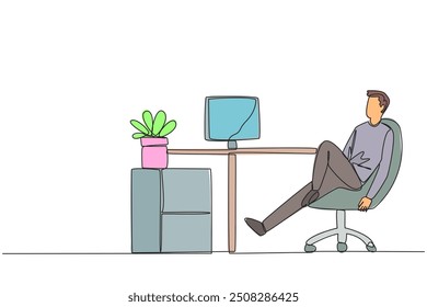 Continuous one line drawing man sits in work chair with one of legs raised and folded. Work overtime on weekends. Pay attention to stagnant projects. Relax. Single line draw design vector illustration