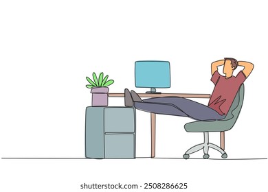 El hombre de dibujo continuo de una línea se sienta en la silla de trabajo con las manos detrás de la cabeza y las piernas levantadas en el escritorio de trabajo. Trabaja horas extras los fines de semana. Breve descanso. Ilustración vectorial de diseño de dibujo de línea única