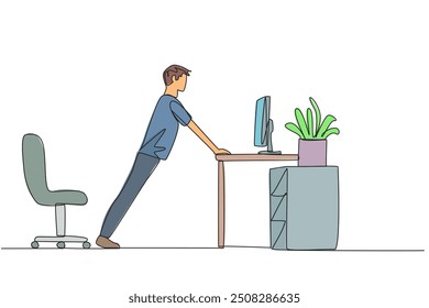 Continuous one line drawing man do push up movements by holding edge of work table. Stretch to get sweat on. Eyes focused on LCD monitor screen. Thinking. Single line draw design vector illustration