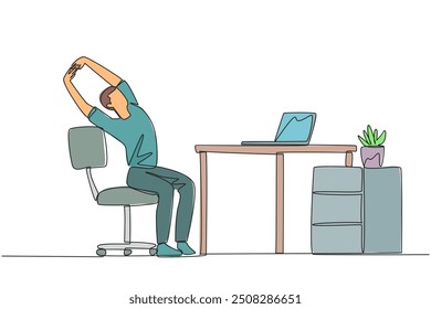 Continuous one line drawing man sitting in work chair while raising both hands. Stretching. Excited to do overtime on weekends. Light exercise during work. Single line draw design vector illustration