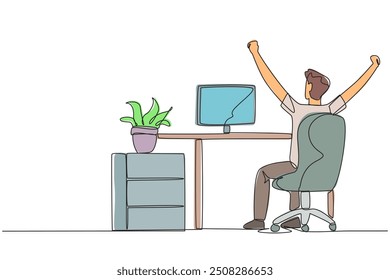 Continuous one line drawing the man sit on chair opening and raising his hands. Seen from behind. Monitoring the work progress. Stretch while overtime. Single line draw design vector illustration