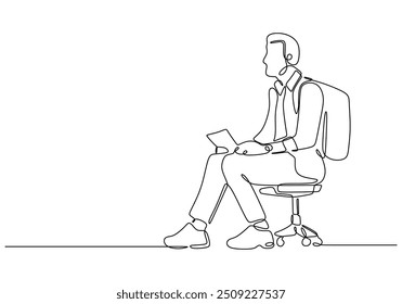 Continuous one line drawing of a man sitting on a chair with a bag. Concept of a job seeker in a minimalist hand-drawn style.