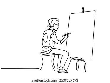 Desenho contínuo de uma linha de um homem pintando em uma tela. Ilustra o processo artístico em um estilo minimalista desenhado à mão.