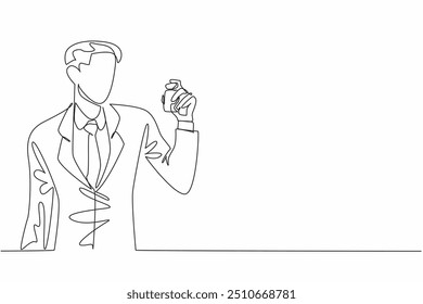 Continuo una línea dibujando hombre en traje sosteniendo perfume. Anuncios digitales de perfumes. Dirigido a jóvenes emprendedores. Fragancia masculina. Día Nacional de la Fragancia. Ilustración vectorial de diseño de dibujo de línea única