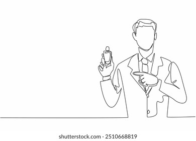 Um homem de desenho contínuo de uma linha de terno e gravata mostrando perfume. A fragrância principal que sempre usava quando ia ao escritório. Dia Nacional da Fragrância. Ilustração de vetor de design de desenho de linha única