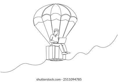 Continuous one line drawing of man working on flying parcel box using parachute, dropshipping business concept, single line art.