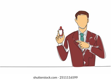 Continuous one line drawing man in suit and tie showing perfume. The mainstay fragrance that always used when going to the office. National Fragrance Day. Single line draw design vector illustration