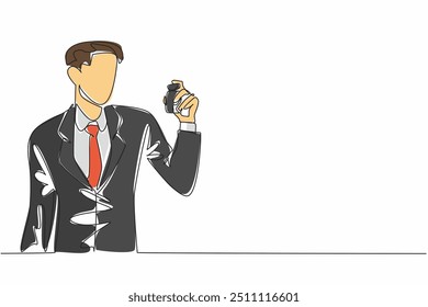 Continuous one line drawing man in suit holding perfume. Digital perfume ads. Aimed at young entrepreneurs. Masculine fragrance. National Fragrance Day. Single line draw design vector illustration