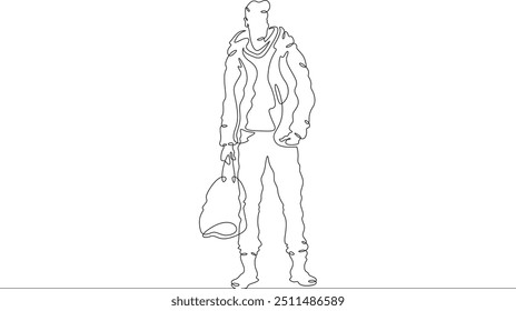 Kontinuierliche eine Linie, die einen Mann in schönen Winterkleidung zeichnet. Ein junger Mann geht in einem Mantel spazieren. Ein stilvoll gekleideter Mann. Eine durchgehende Linie, einzelne minimale Abbildung.