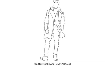 Continua una línea dibujando a un hombre con hermosa ropa de invierno. Un joven camina con un abrigo. Un hombre vestido con estilo. Una línea continua aislada mínima ilustración.