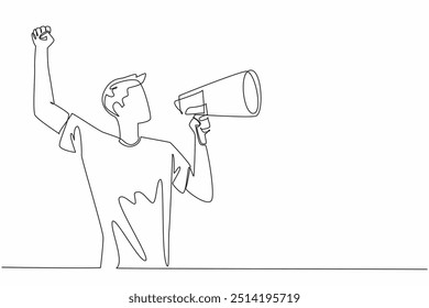 Contínuo um desenhador de linha homem em roupas casuais dando fala segurando megafone. A criação de espíritos. Ouse combater a injustiça. Símbolo de resistência. Direitos. Ilustração de vetor de design de desenho de linha única