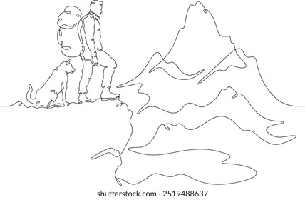 Continuous one line drawing man with dog in nature. Tourist with backpack looks at high mountains. Traveler with dog on the way. Mountain landscape. One continuous line isolated minimal illustration.