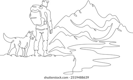 Contínuo um desenhador de linha homem com cão na natureza. Turista com mochila olha para montanhas altas. Viajante com cachorro no caminho. Paisagem de montanha. Uma linha contínua isolada ilustração mínima.