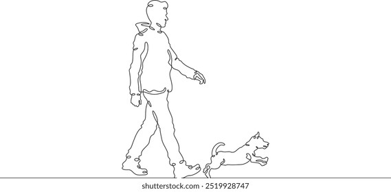 Continuous one line drawing man walking with dog. Young man walking with pet. Domestic animals. Running dog. One continuous line isolated minimal illustration.