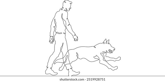 Continuous one line drawing man walking with dog. Young man walking with pet. Domestic animals. Running dog. One continuous line isolated minimal illustration.