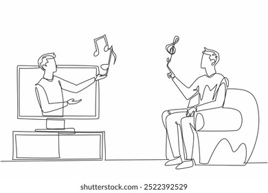 El hombre de dibujo continuo de una línea sale del monitor de televisión con algunos símbolos de tono. Un símbolo de esperanza y compasión. Animador. Día Mundial de la Musicoterapia. Ilustración vectorial de diseño de dibujo de línea única