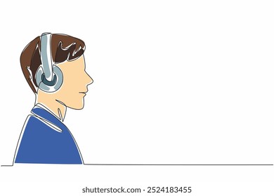 Um homem de desenho contínuo usando fones de ouvido. Concentre-se em ouvir. Concentre-se em ouvir. A música desvenda problemas. Acalmação. Dia Mundial da Terapia Musical. Ilustração de vetor de design de desenho de linha única