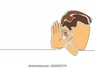 Continuous one line drawing man holding ear. Listening on conversation. Desire to gather information. The desire to find out anything. World Hearing Day. Single line draw design vector illustration