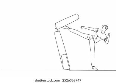 Continuous one line drawing man kicks big cigarette stick until it breaks. Professional athlete who loves healthy living. No cigarette smoke in daily life. Single line draw design vector illustration