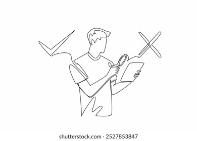 Uma linha contínua desenhando um homem aponta uma lupa para uma aba que ele está segurando. Verificando a verdade das notícias. Evitando hoax. Dia Internacional de Verificação de Fatos. Ilustração de vetor de design de desenho de linha única