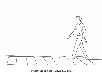 Continuous one line drawing man in casual clothes walking on zebra crossing. Leisurely walking activity. Orderly. Good habit. Culture. National Walking Day. Single line draw design vector illustration