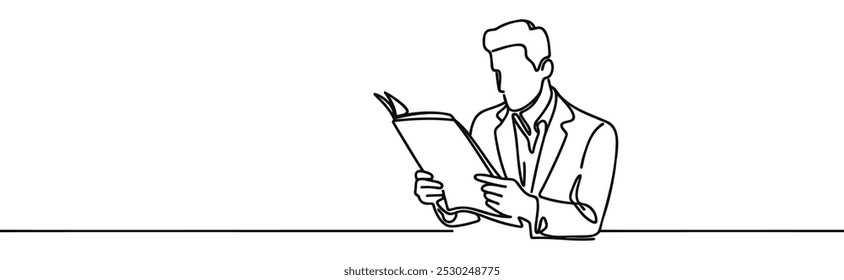 Continuous one line drawing of man to read newspaper, screening out fake news concept, single line art.