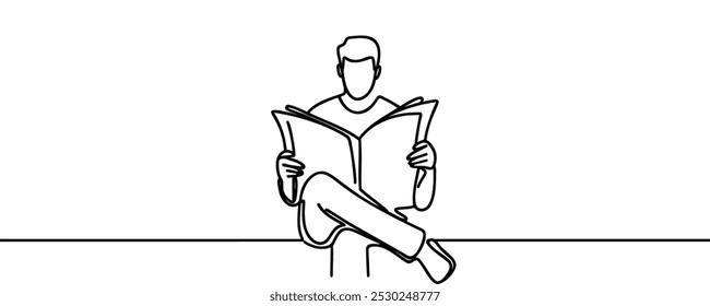 Dibujo continuo de una línea del hombre para leer el periódico, proyectando el concepto de noticias falsas, arte de una sola línea.